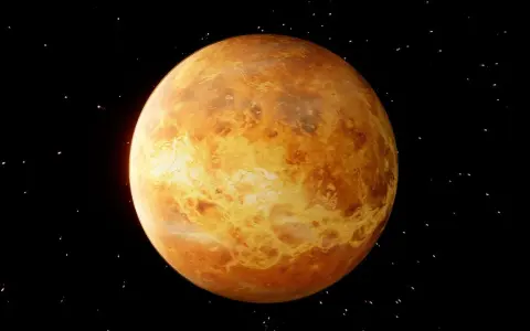 El planeta Venus, con su superficie anaranjada y texturizada, flota en la oscuridad del espacio. Su significado espiritual evoca amor y belleza.