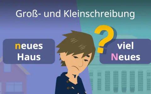 Ein Junge grübelt über Groß- und Kleinschreibung. "neues Haus" oder "viel Neues"? Alles Gute, groß oder klein, ist hier die Frage.