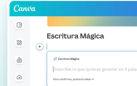Interfaz de Canva con la opción "Escritura Mágica" activa. Permite generar texto de forma creativa.