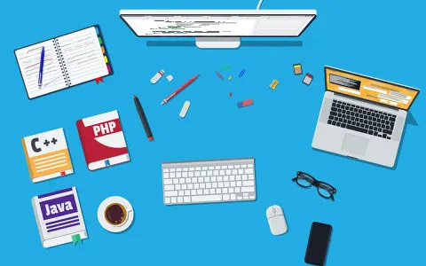 Biurko programisty: książki C++, PHP, Java, notatnik, komputer, laptop, klawiatura, mysz, telefon, okulary i kawa. To jest co to jest programowanie.