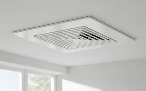 Rejilla cuadrada blanca empotrada en el techo, parte de un sistema de aire centralizado, con un diseño escalonado que dirige el flujo de aire.