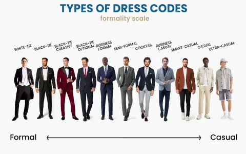 Men showcase various dressy attire options, from white-tie formal wear to smart-casual looks, illustrating a formality scale.
