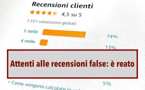 Attenzione alle recensioni positive false: è reato. Il grafico mostra le valutazioni dei clienti, con un avviso importante.
