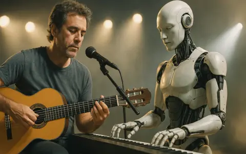 Człowiek gra na gitarze, a robot na keyboardzie. Wspólne tworzenie muzyki AI.