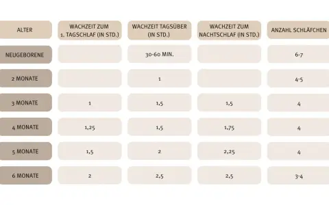 Tabelle zeigt Schlafbedarf für Babys: 2 Monate alt brauchen 1 Std. Tagschlaf, 1,5 Std. Nachtschlaf und 4-5 Schläfchen.