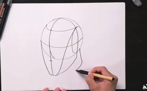 Un boceto de cabeza con líneas guía, parte de una lección de retratos fáciles.