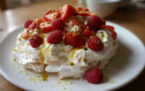 En vacker pavlova med vispgrädde, färska jordgubbar, hallon och passionsfrukt. Ett perfekt pavlova recept för sommaren!