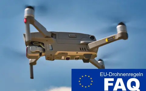 Drohne im Flug, die die EU-Drohnenregeln und die 1 zu 1 Regel erklärt.