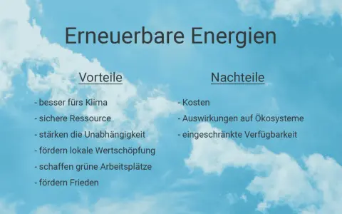 Vorteile erneuerbarer Energien: Klima, sichere Ressource, Unabhängigkeit, lokale Wertschöpfung, grüne Jobs, Frieden. Nachteile: Kosten, Ökosystem-Auswirkungen, Verfügbarkeit.
