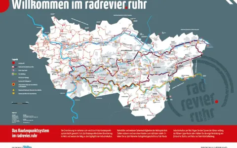 Karte des radrevier.ruhr mit Radwegen, Knotenpunkten und Highlights der Industriekultur.