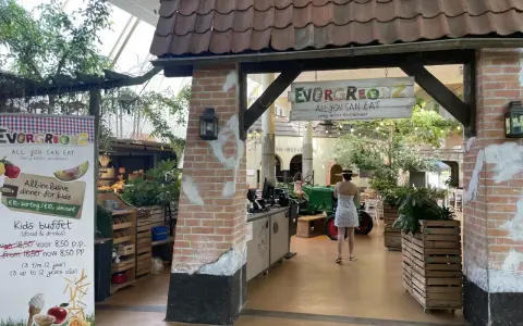 Im Center Parcs Restaurant "Evergreenz" lockt ein Buffet. Eine Frau im Sommerkleid geht vorbei.