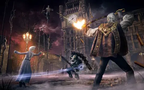 Un cazador dispara contra un monstruo frente a un reloj icónico, mientras otros luchan en un mundo oscuro. ¿Será esta la aventura de Bloodborne 2?