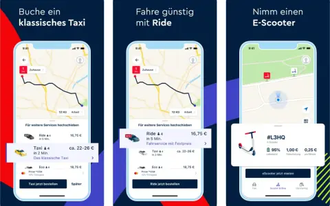 Vergleiche: klassisches Taxi free now vs. Uber-ähnliche Fahrt mit Ride oder E-Scooter.