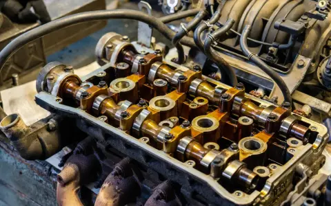 Close-up of an engine's camshafts, showing the intricate metalwork involved in camshaft repair. The golden-brown oil coating suggests recent maintenance.