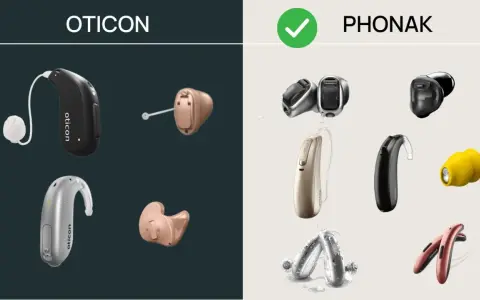 Porównanie aparatów słuchowych: po lewej stronie modele Oticon, po prawej Phonak. Różne typy i kolory urządzeń.