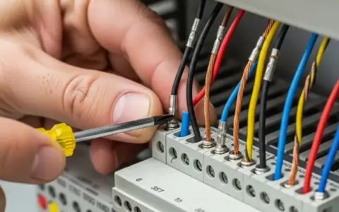 Main électrique en cours, un tournevis serre un fil sur un section cable.