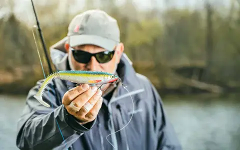 Ein Angler hält einen bunten Gummifisch, ein **big baits hecht** Köder, bereit für den Fang.