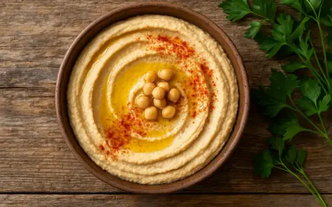 Cremiger Hummus in einer Schale, garniert mit Kichererbsen, Olivenöl und Paprikapulver. Ein gesunder Snack, der wenig Hummus Kalorien hat.
