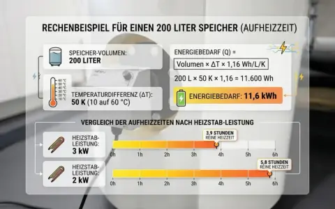 Berechnungsbeispiel für einen 200-Liter-Speicher: Ein elektrischer Warmwasserbereiter mit 3 kW Heizstab benötigt 3,9 Stunden.
