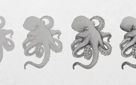 Secuencia de un pulpo dibujo realista, desde un boceto simple hasta un detallado estudio de sombreado y textura.