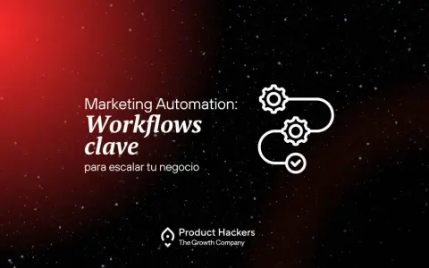 Marketing Automation: Workflows clave para escalar tu negocio. Icono de engranajes y checkmark.