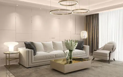 Elegancki salon w stylu art deco z białą sofą, złotym stolikiem kawowym i designerskimi lampami.