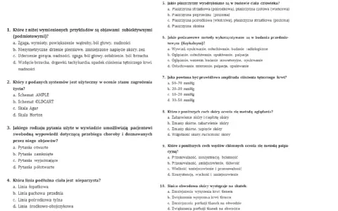 Testy do badań fizykalnych w pielęgniarstwie: pytania o objawy, metody oceny, ciśnienie krwi, stan skóry i węzłów chłonnych.