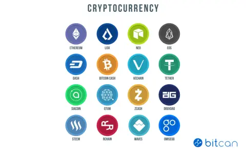Kolekcja ikon przedstawiająca nazwy kryptowalut: Ethereum, Lisk, Neo, EOS, Dash, Bitcoin Cash, VeChain, Tether, Siacoin, Qtum, Zcash, DigixDAO, Steem, Rchain, Waves, OmiseGo.