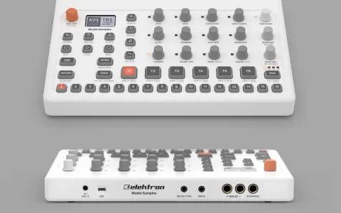 Elektron Model:Samples - biały sampler z licznymi przyciskami i pokrętłami, gotowy do tworzenia muzyki.