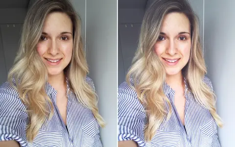 Uśmiechnięta blondynka w paski, pokazująca jak zrobić idealne selfie. Dwa ujęcia tej samej dziewczyny, lekko różniące się kątem.