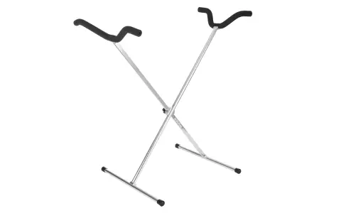 Zusammenklappbarer Gitarren-modellständer aus Metall mit gepolsterten Auflagearmen.