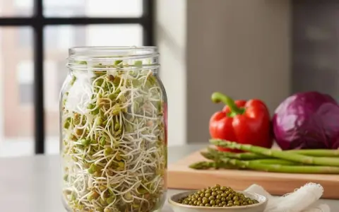 Un bocal rempli de pousses de haricots mungo, parfaites pour savoir quelles graines faire germer pour manger. Légumes frais en arrière-plan.