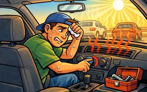 Sweaty man in a hot car, trying to fix the car AC not blowing cold air. Heat waves rise from the vents.