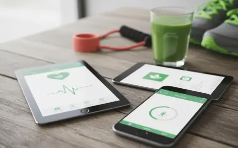 Na stole leżą tablet i smartfon z aplikacją do uzależnień, pokazującą puls i aktywność. Obok zielony koktajl, gumy do ćwiczeń i buty sportowe.