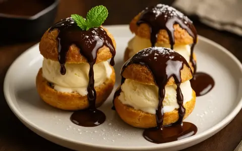 Trois profiteroles au chocolat, garnies de glace à la vanille et d'une sauce au chocolat onctueuse, saupoudrées de sucre glace et d'une feuille de menthe.