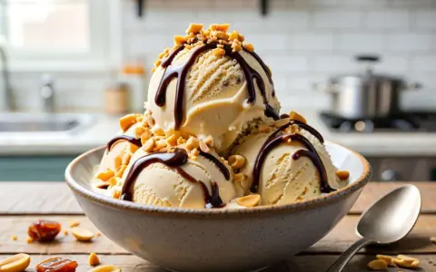 Schokoladiges Snickers Eis selber machen: Cremiges Eis mit Schokosauce und Erdnüssen in einer Schüssel.