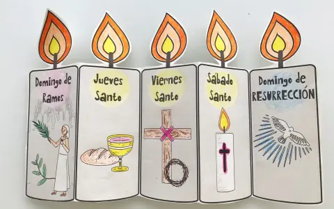 Manualidad Semana Santa niños: velas con dibujos de Domingo de Ramos, Jueves Santo, Viernes Santo, Sábado Santo y Domingo de Resurrección.