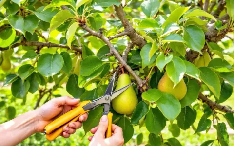 Des mains tiennent des cisailles jaunes pour apprendre comment tailler un poirier, près de poires mûres.