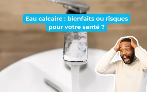Un homme paniqué devant un robinet entartré. L'eau calcaire, est-ce bon ou mauvais pour votre santé ?