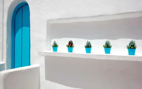 Fachada blanca con puerta azul brillante y cinco macetas con plantas. La textura de la pared sugiere que se usó pintar con cal.