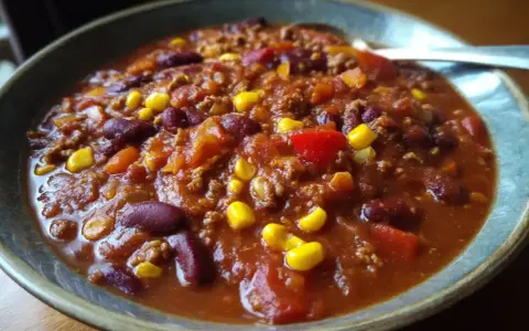 En skål med mustig chili con carne, perfekt för ett värmande chili recept. Full med bönor, majs och köttfärs.