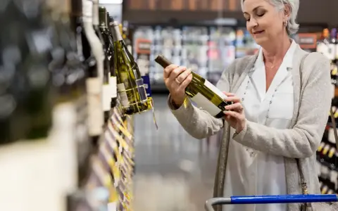 Mujer mayor elige una botella de vino español en el supermercado.