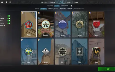 Pantalla de selección de mapas de CS:GO. Elige entre Mirage, Overpass, Vertigo, Ancient, Inferno, Nuke, Anubis, Dust II, Office o Italy para tus comandos.