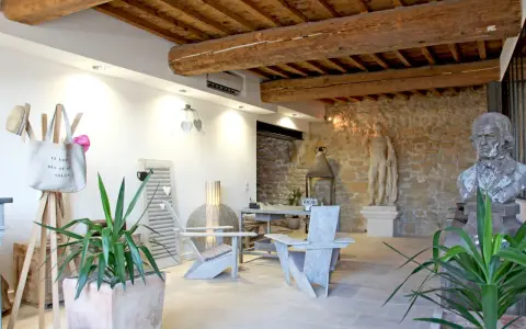 Salon moderne avec poutre apparente. Deux fauteuils en bois, une table, des plantes et des statues ornent cet espace chaleureux.