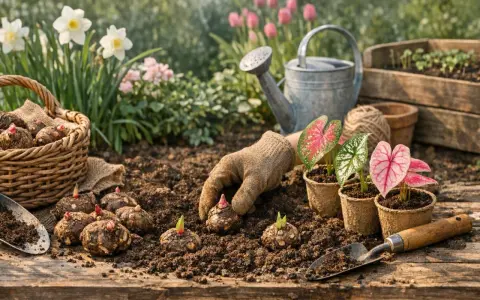 Maintenant, on plante des bulbes, peut-être une future fleur de ronce, dans la terre fertile. Des jeunes pousses émergent déjà.
