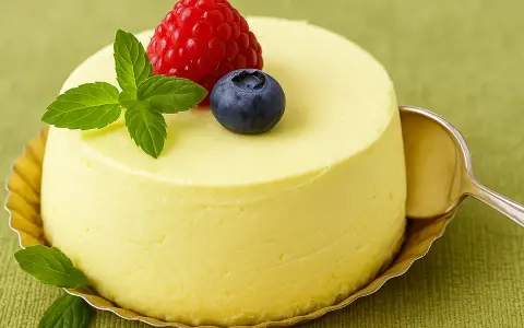 Délicieuse panna cotta mangue, garnie d'une framboise, d'une myrtille et de feuilles de menthe, prête à être dégustée avec une cuillère.