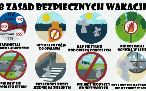 8 zasad bezpieczeństwa na wakacjach: numery alarmowe, filtry przeciwsłoneczne, opieka dorosłych, zakaz ognisk, ostrożność przy jezdni, zielone światło, nie jedz od obcych, unikaj gór przy złej pogodzie.