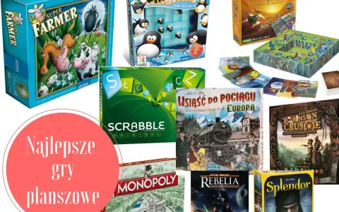 Kolekcja najlepszych gier planszowych: Super Farmer, Pingwiny na lodzie, Scrabble, Monopoly, Dixit, Usiąść do pociągu, Robinson Crusoe, Rebelia i Splendor.