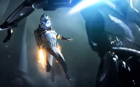 Żołnierz klonów w powietrzu, strzelający z blastera. Intensywna akcja w stylu Star Wars Battlefront 3.