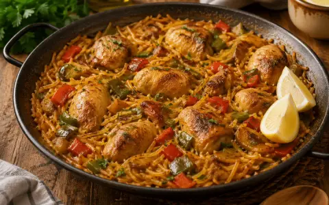 Fideuà de pollo en paellera, con trozos de pimiento rojo y verde, y gajos de limón.